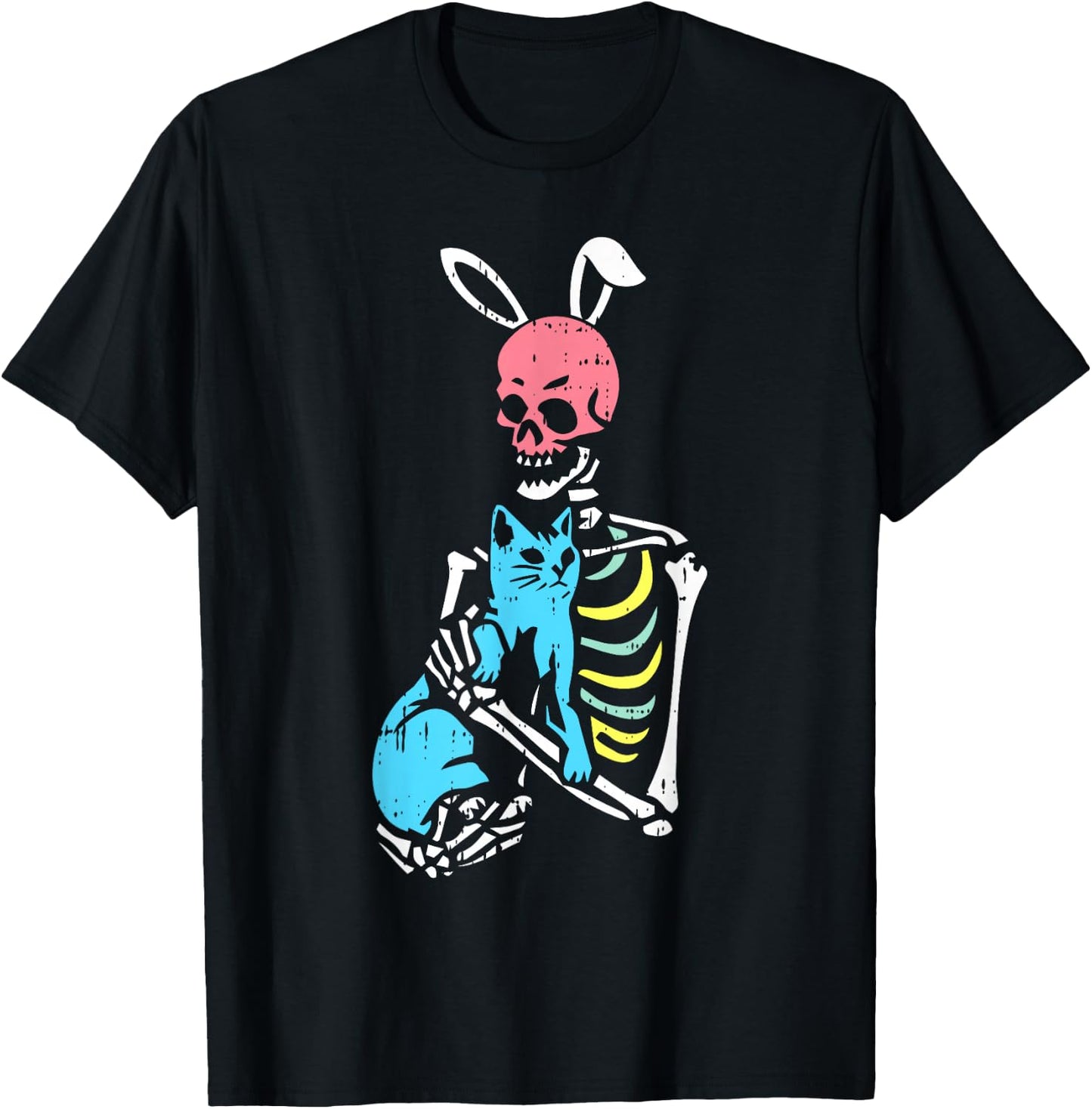 Skeleton Hug Cat Easter Bunny Ears Spring Men Women Kids T-Shirt - T-Shirt | Black