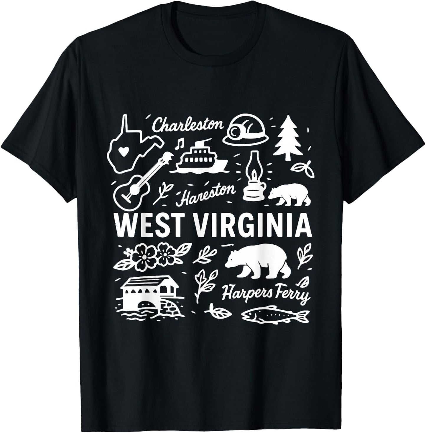 West Virginia USA State Symbols Vintage Souvenir Cute Doodle T-Shirt - T-Shirt | Black