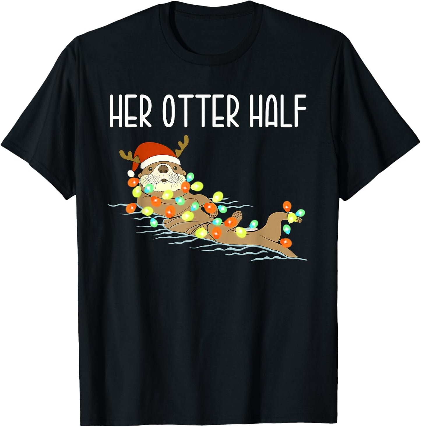 Funny His and Her Otter Half Santa Matching Couple Pajamas T-Shirt - T-Shirt | Black