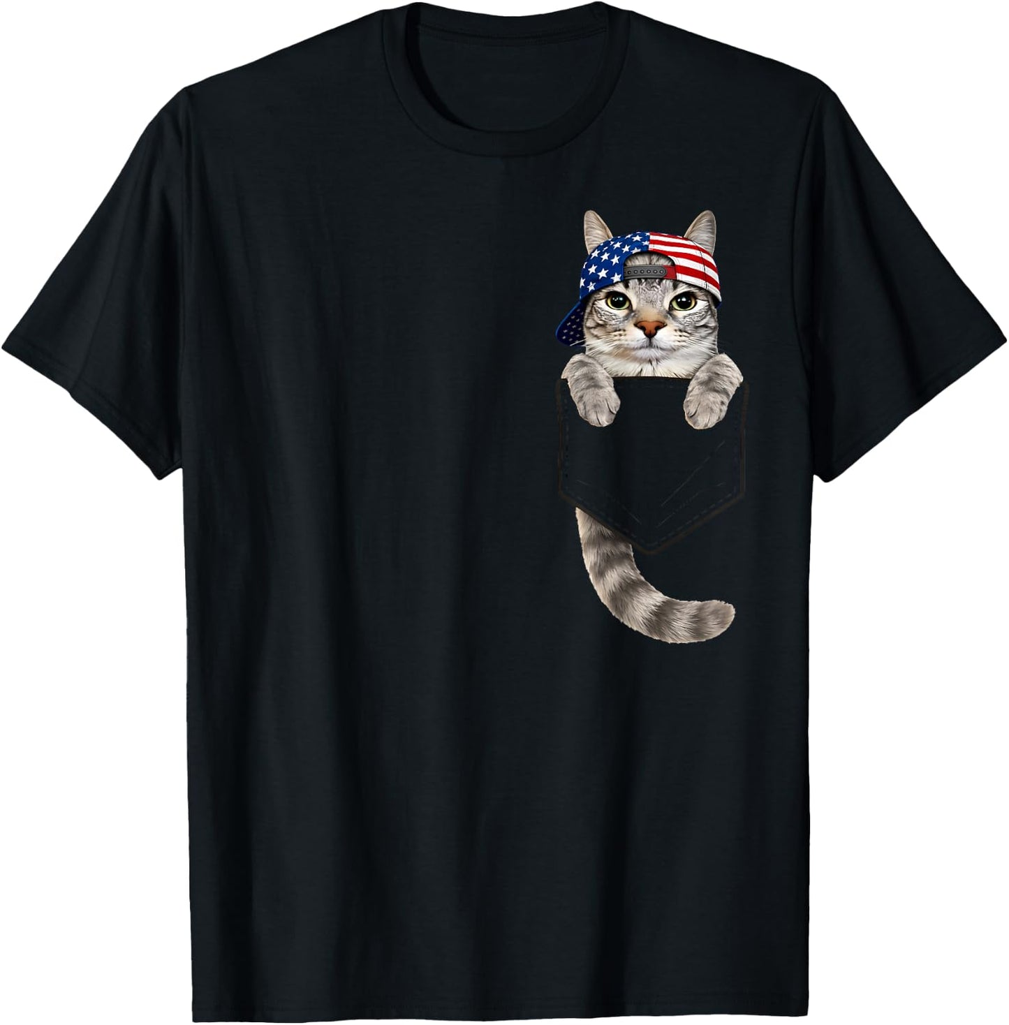 Cute Tabby Cat Pocket 4th July Patriotic 250 Anniversary USA T-Shirt - T-Shirt | Black