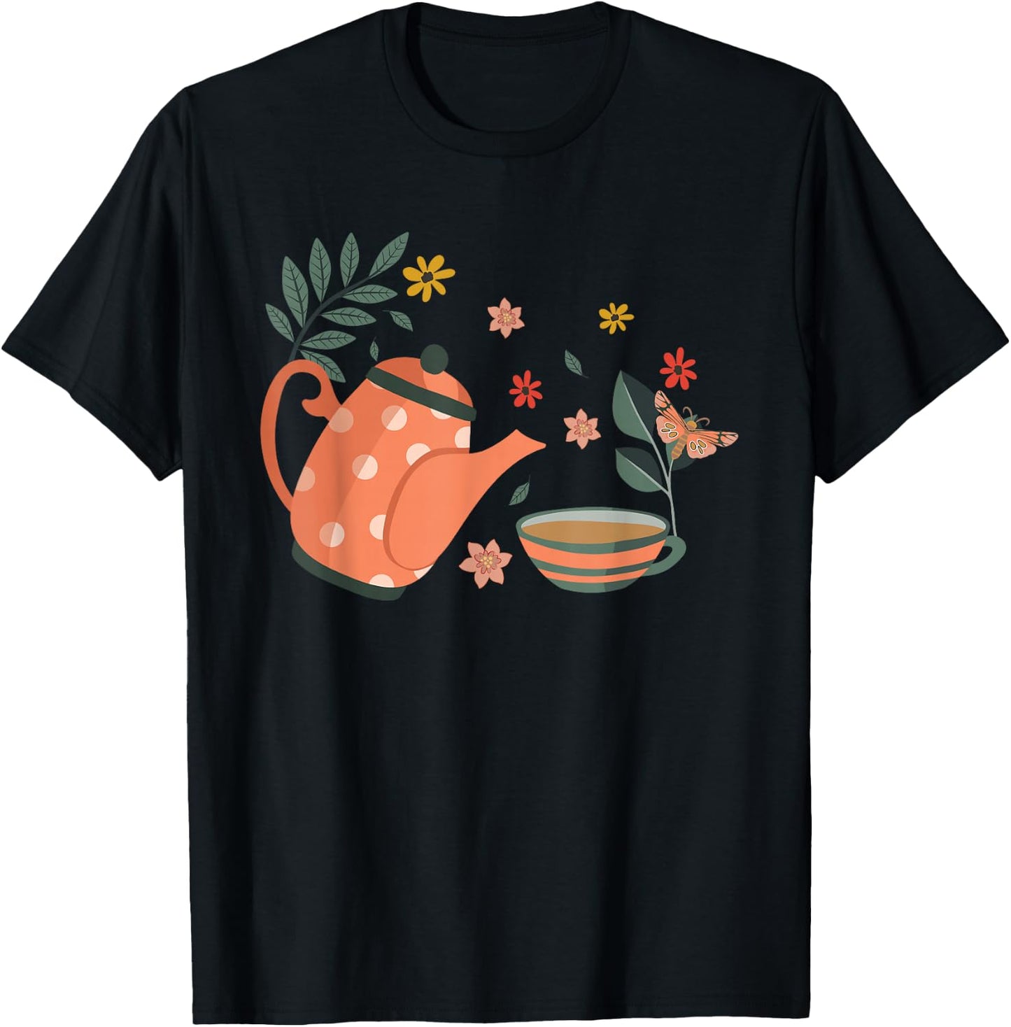 Elegant Tea Time Teapot Floral Wreath T-Shirt - T-Shirt | Black