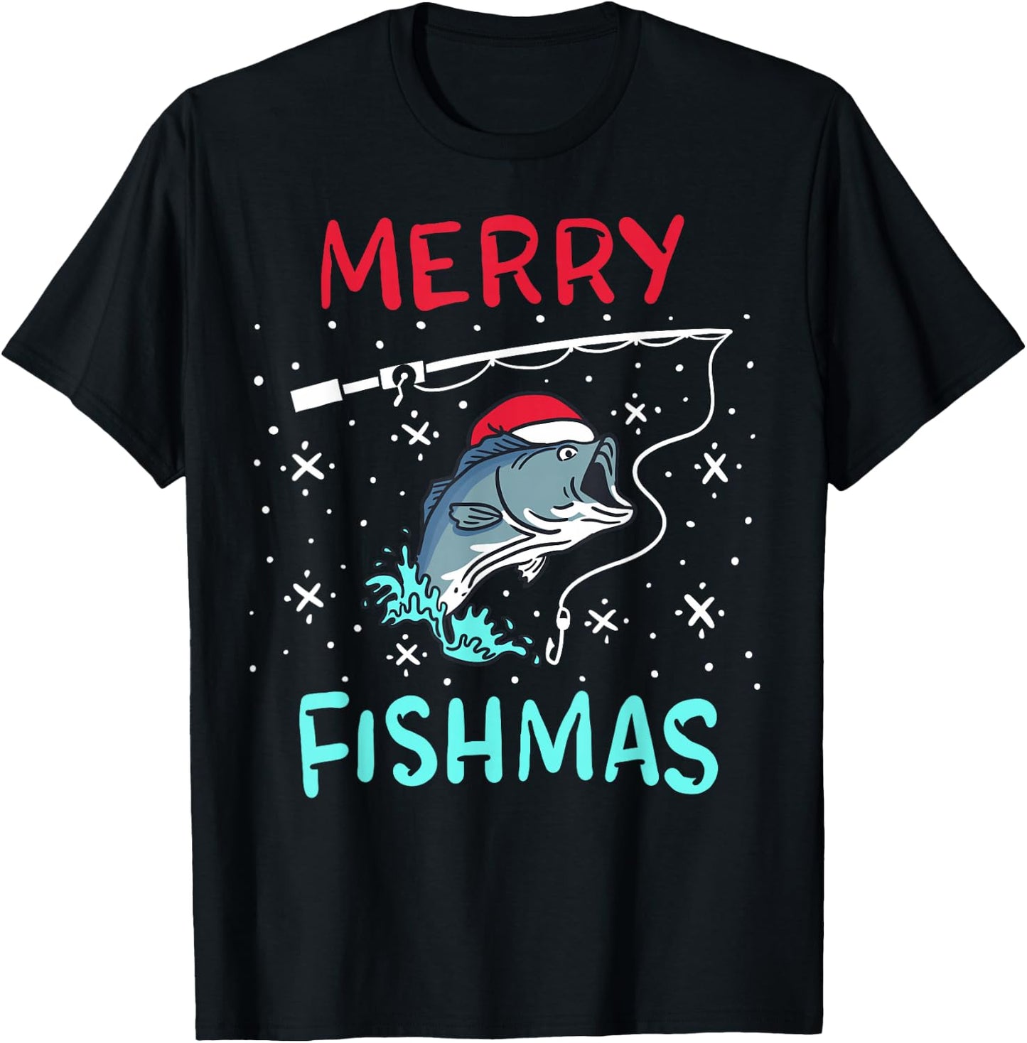 Merry Christmas Fishmas Funny Fishing Fish Gift Present T-Shirt - T-Shirt | Black