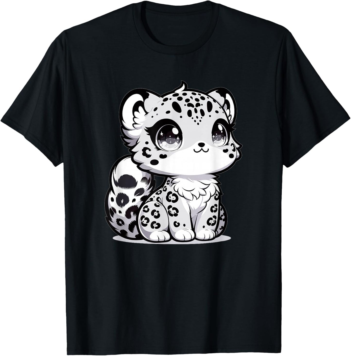Adorable Cute Japanese Kawaii Chibi Snow Leopard T-Shirt - T-Shirt | Black