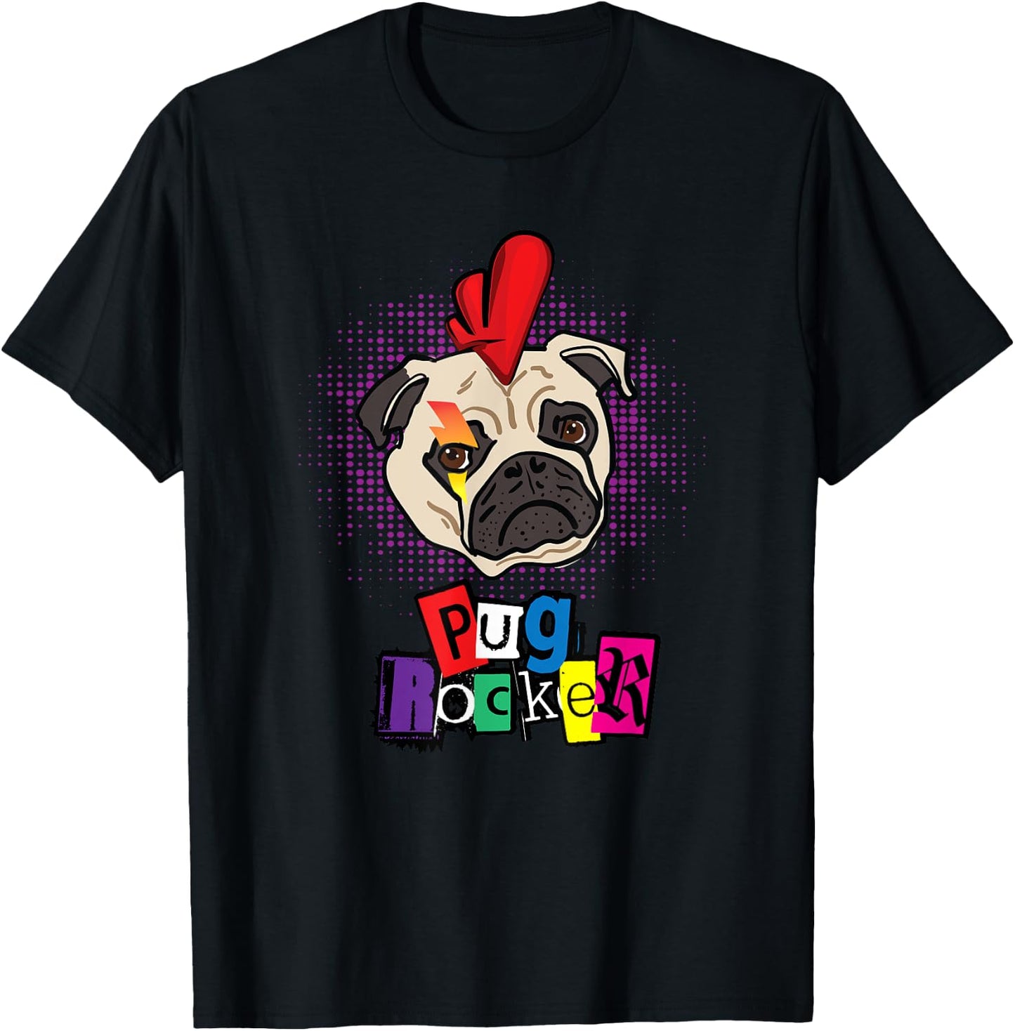Pug Dog Pug Rocker Punk Rock Funny Cute T Shirt Women Kids T-Shirt - T-Shirt | Black