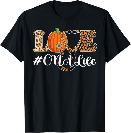Love CNA Life Pumpkin Leopard Shirt, Autumn Fall Season CNA T-Shirt - T-Shirt | Black