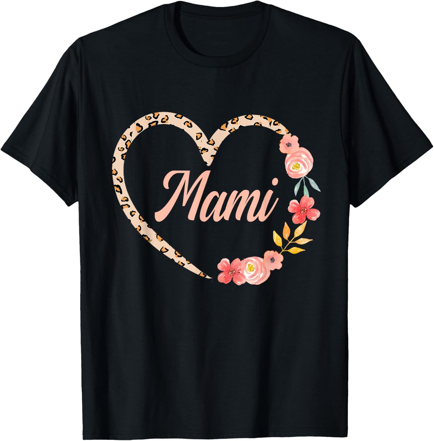 Mami Valentine’s Day Spanish Mom Leopard Floral Heart T-Shirt - T-Shirt | Black