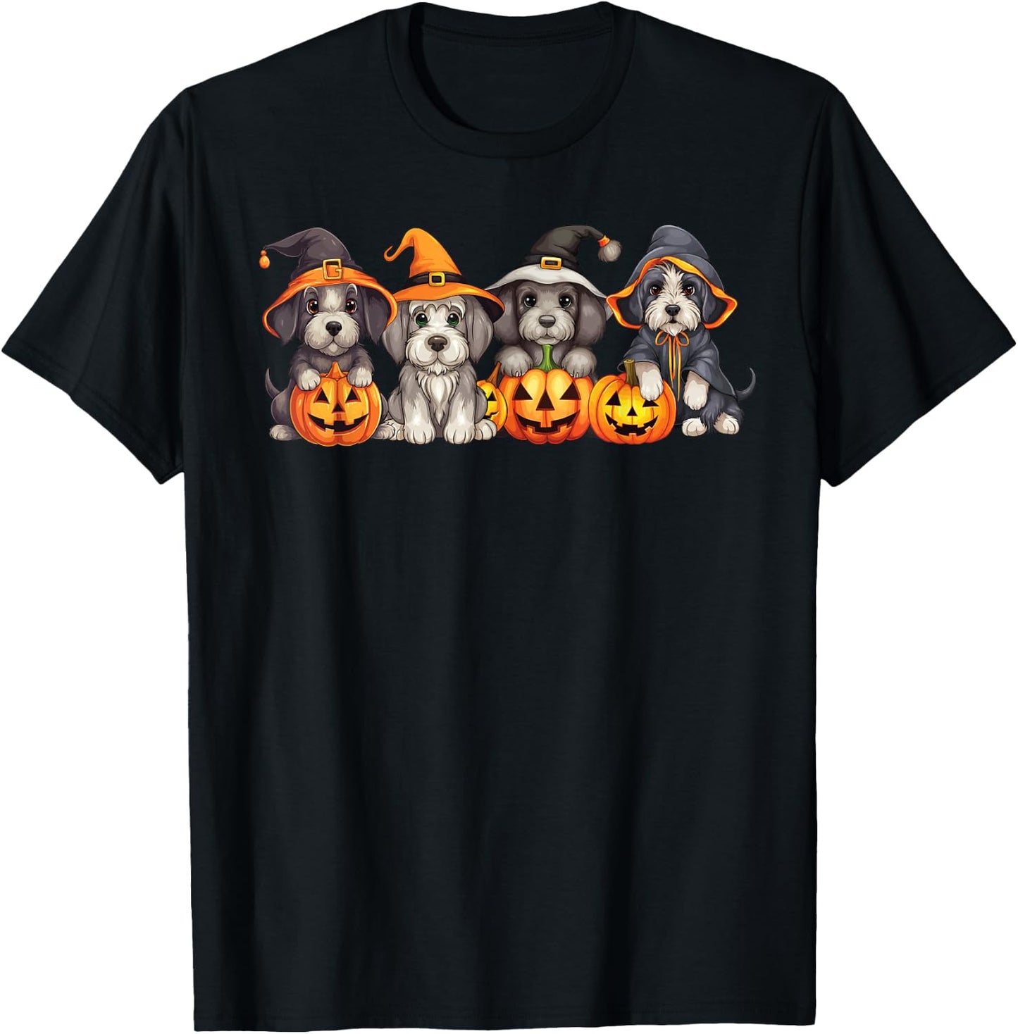 Cute Spooky Schnauzer Dog Puppies Witch Pumpkin Halloween T-Shirt - T-Shirt | Black