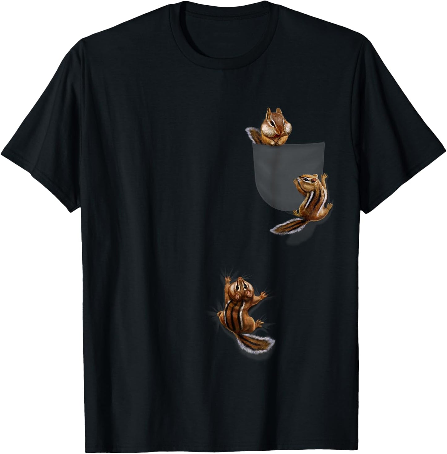 Cute Little Squirrel Playing, Climbing in Pocket, Chipmunk T-Shirt - T-Shirt | Black