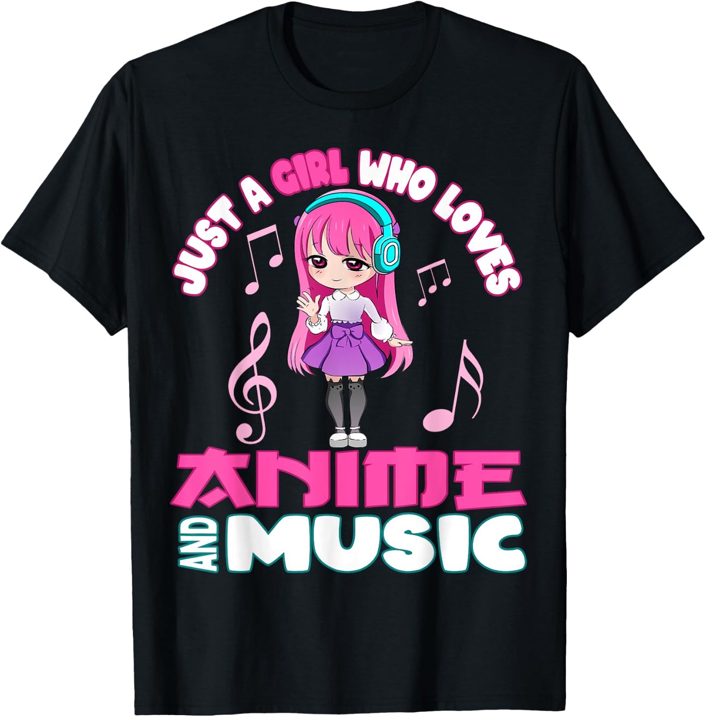 Funny Anime and Music Girl for Teen chibi graphic T-Shirt - T-Shirt | Black