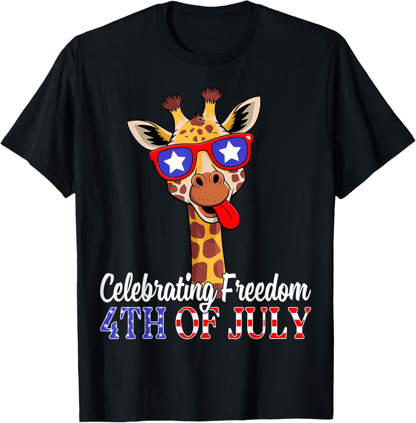 Celebrating Freedom 4th of July USA Flag Patriotic Giraffe T-Shirt - T-Shirt | Black