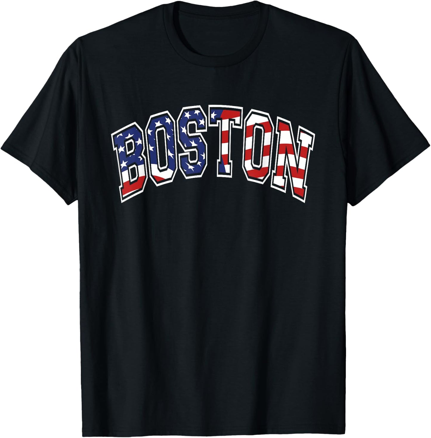 Boston Arched Style Text American Flag Pattern T-Shirt - T-Shirt | Black