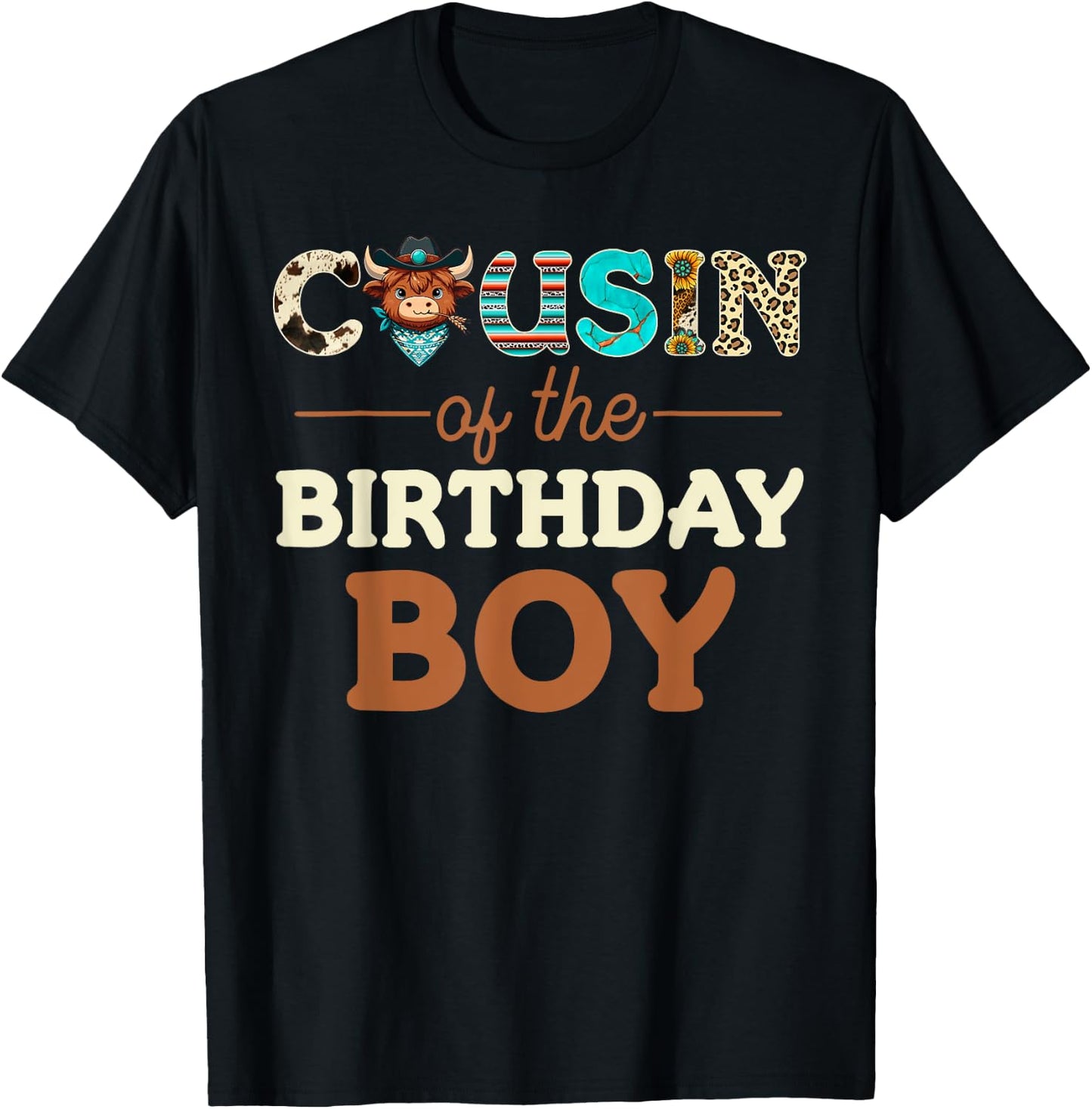 Cousin of The Birthday Boy Highland Cow Print First Bday T-Shirt - T-Shirt | Black