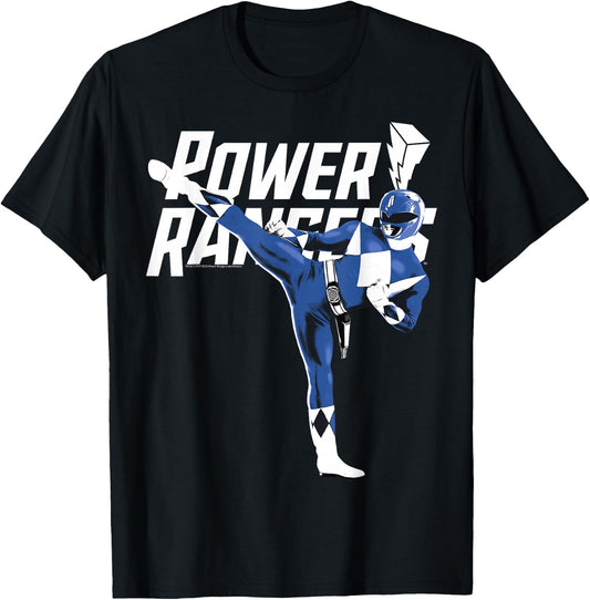 Power Rangers Blue Ranger Karate Action Pose Logo T-Shirt - T-Shirt | Black
