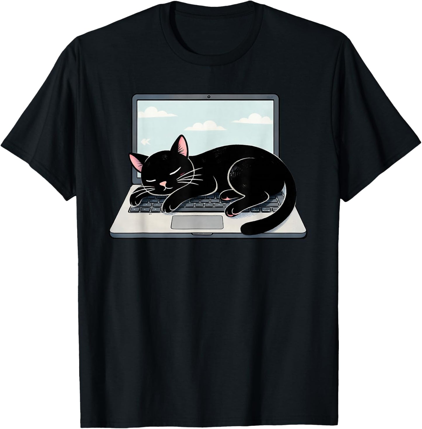 Funny Black Cat Sleeping On Laptop Computer T-Shirt - T-Shirt | Black