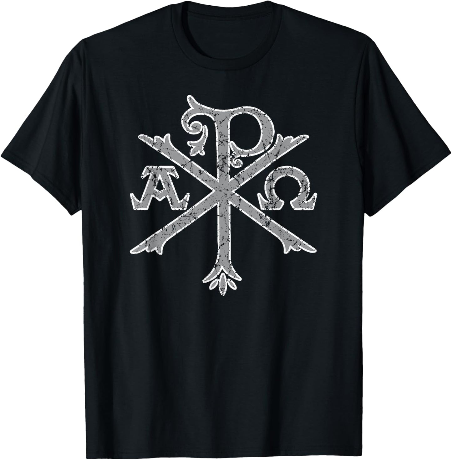Chi Rho Christogram Alpha and Omega Distressed T-Shirt - T-Shirt | Black