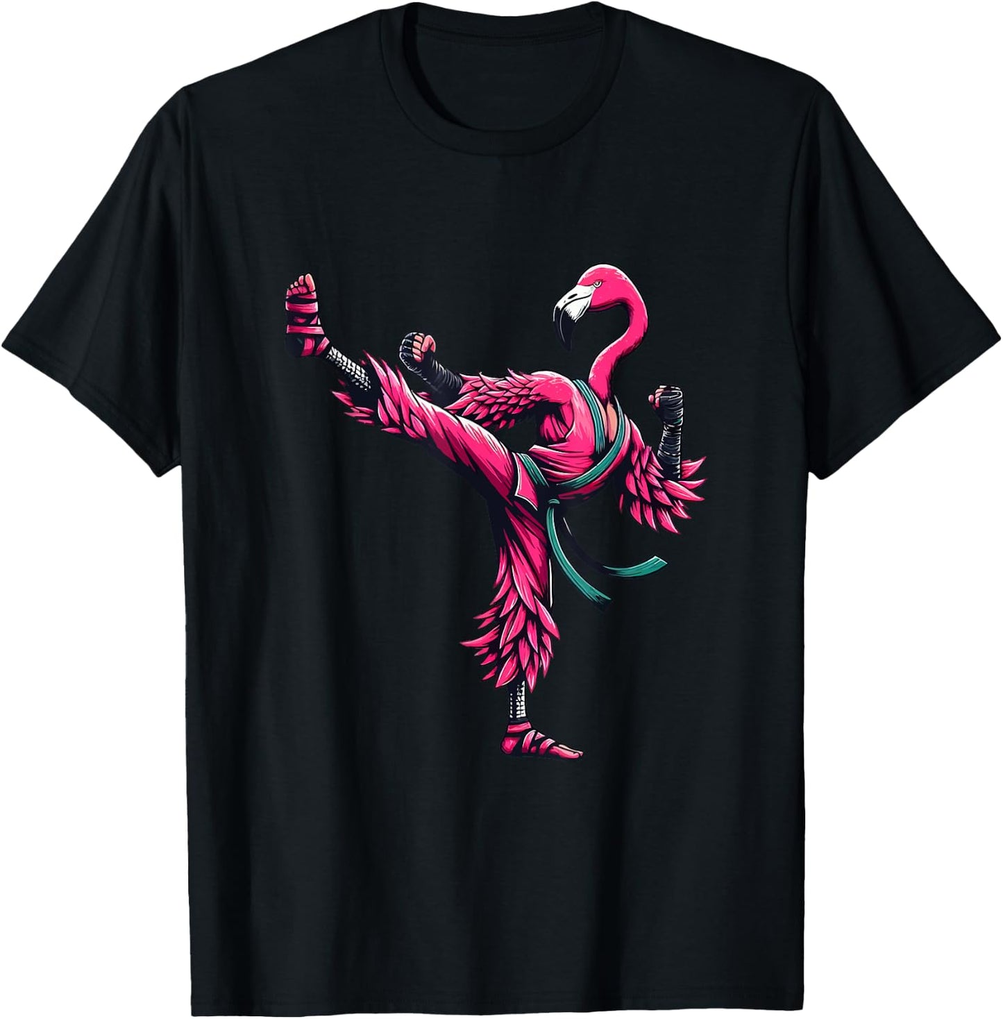 Karate Kicks in Pink Belt Martial Arts Cute Funny Flamingo T-Shirt - T-Shirt | Black