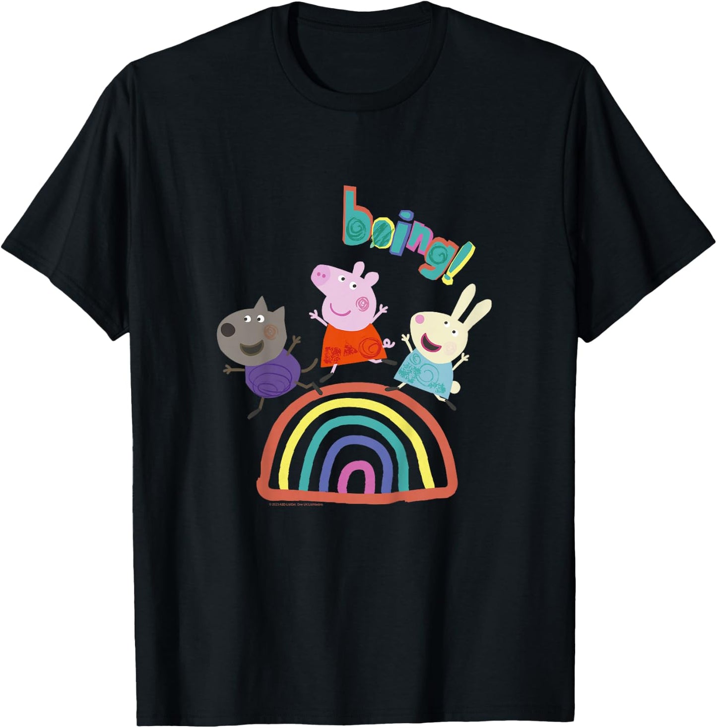 Kids Peppa Pig Boing! Friends Jumping And Having Fun Over Rainbow T-Shirt - T-Shirt | Black