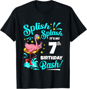 7th Birthday Flamingo 7 Years Old Pool Party Summer T-Shirt - T-Shirt | Black