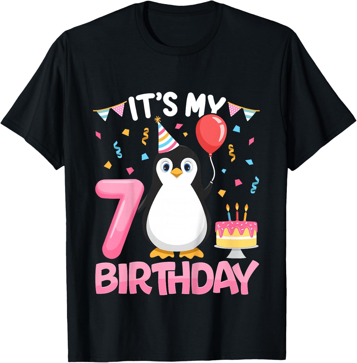 Penguin Birthday 7 Year Old Girl 7th Birthday Party Seven T-Shirt - T-Shirt | Black