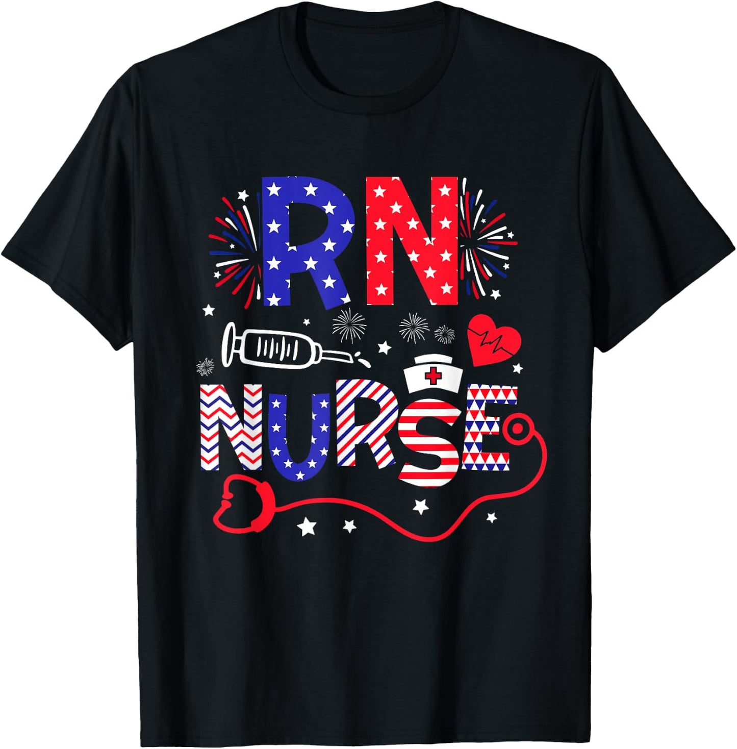 RN Nurse 4th Of July Patriotic American Flag Stethoscope T-Shirt - T-Shirt | Black