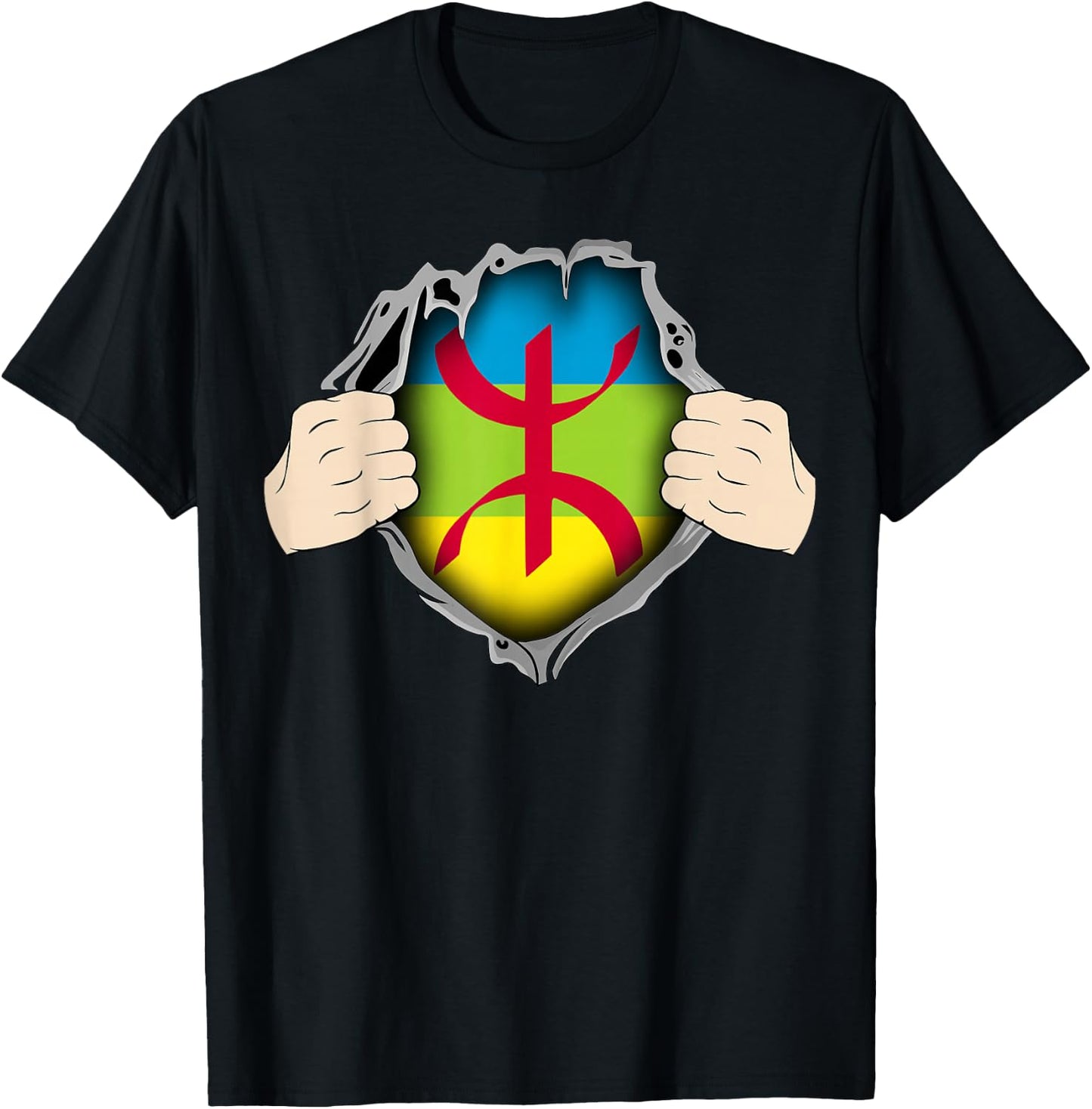 Super Amazigh Berber Flag Rif Moroccan Algerian Patterns , Black, S T-Shirt - T-Shirt | Black