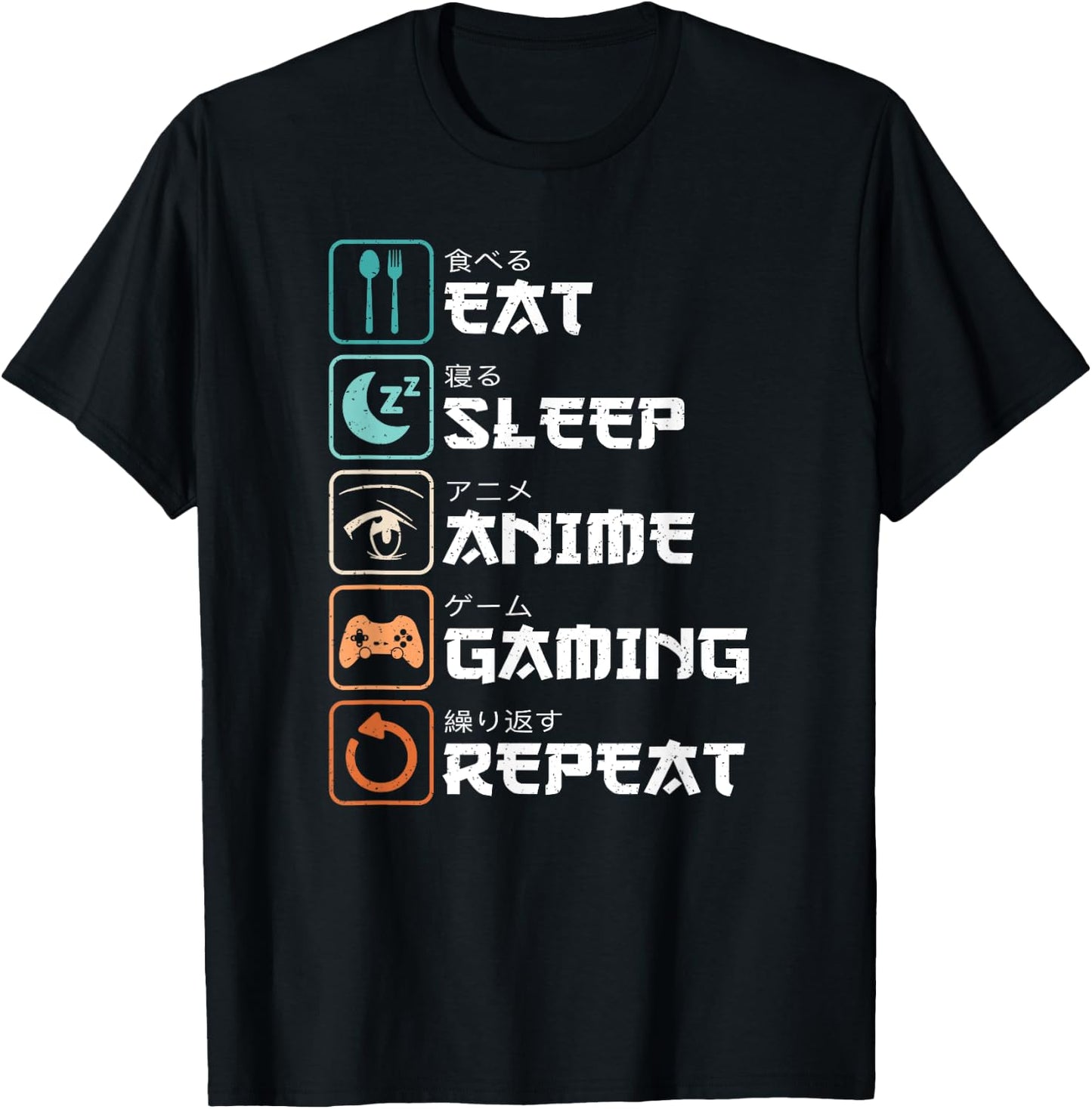 Eat Sleep Anime Gaming Repeat Manga Gamer Funny Gamer , black T-Shirt - T-Shirt | Black