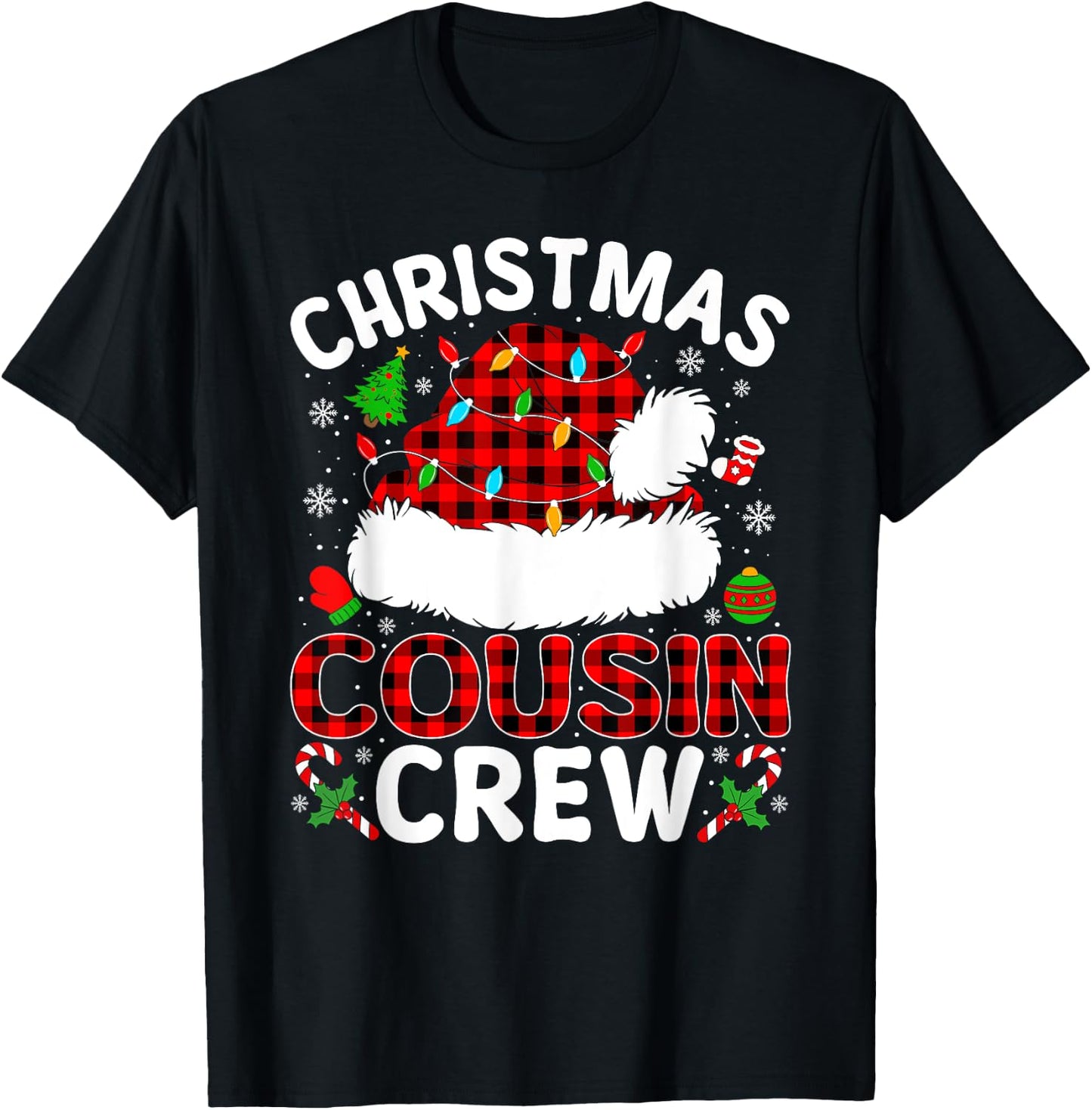 Christmas Cousin Crew Buffalo Plaid Santa Hat Xmas Pajamas T-Shirt - T-Shirt | Black