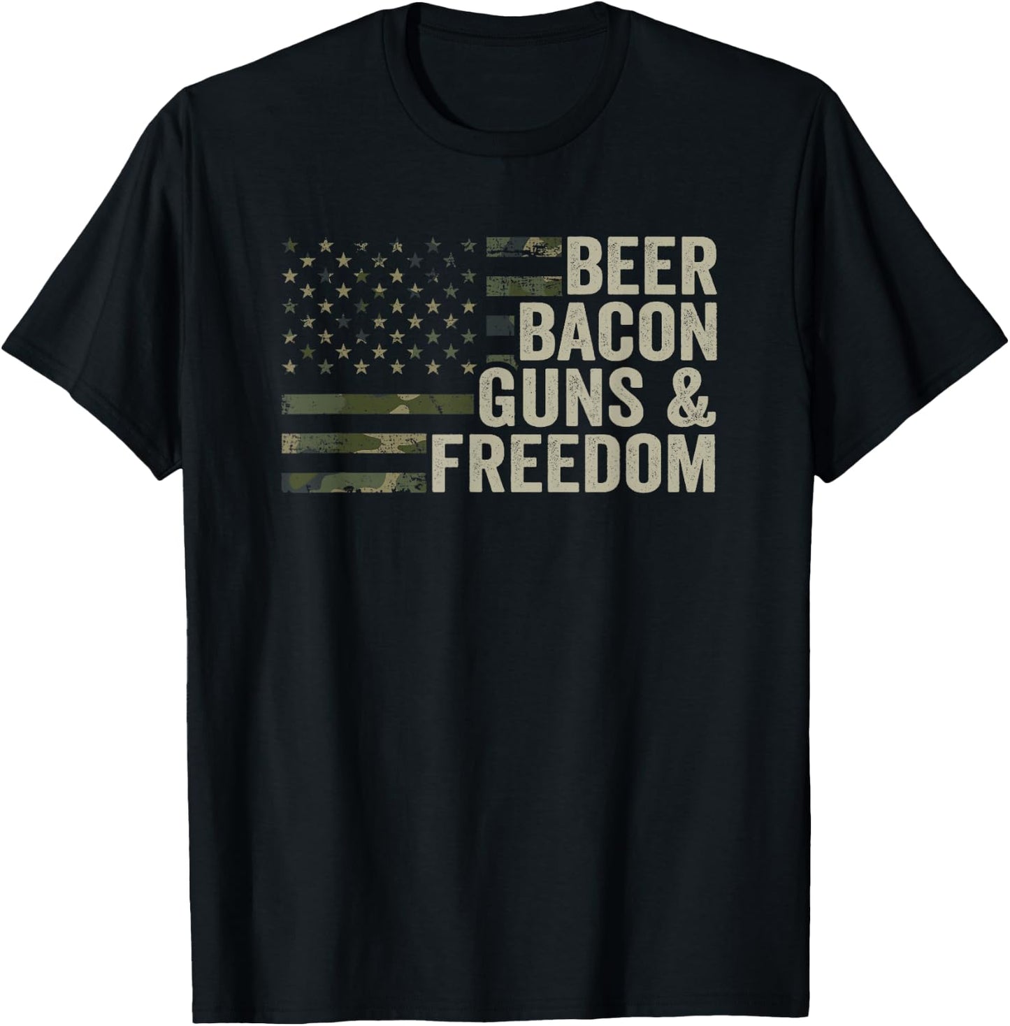 BEER BACON GUNS & FREEDOM - Funny BBQ Drinking Gun Camo T-Shirt - T-Shirt | Black
