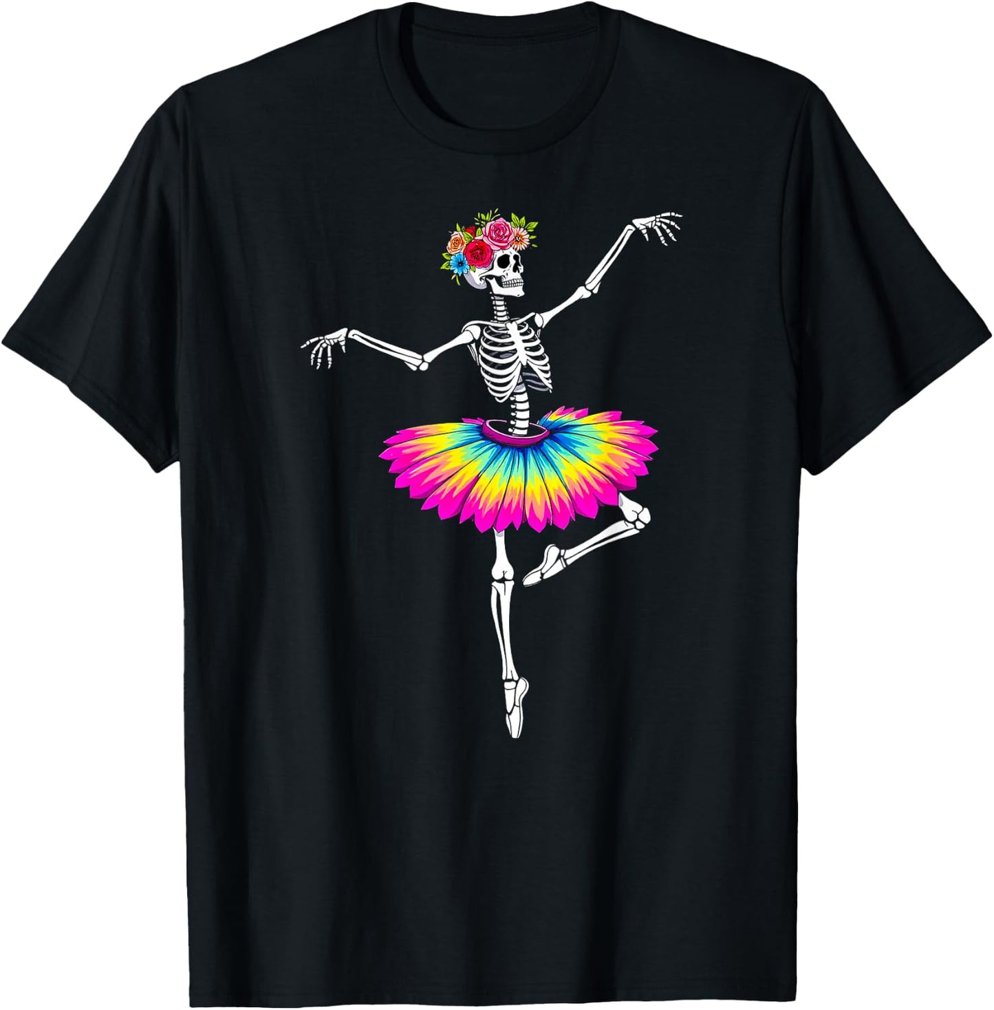 Girls Halloween Dancing Ballet Skeleton Rainbow Ballerina T-Shirt - T-Shirt | Black
