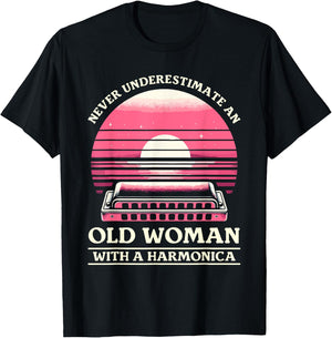 Never Underestimate An Old Woman With A Harmonica T-Shirt - T-Shirt | Black