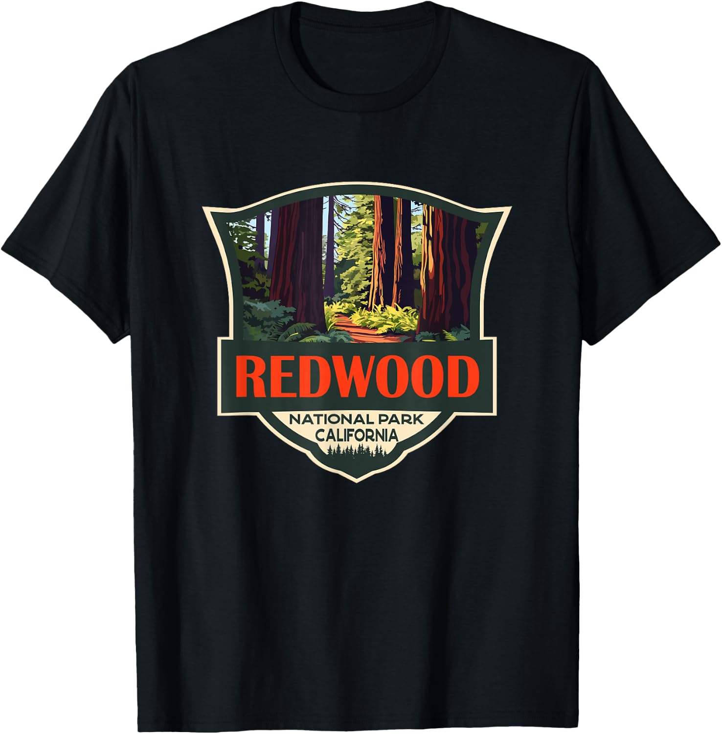 Redwood National Park Illustration Retro Badge T-Shirt - T-Shirt | Black