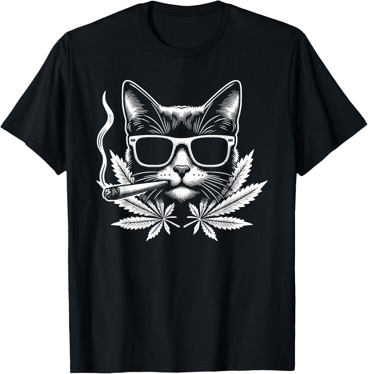 Retro Cat With Sunglasses Smoking Cannabis Cannabis Leaf T-Shirt - T-Shirt | Black