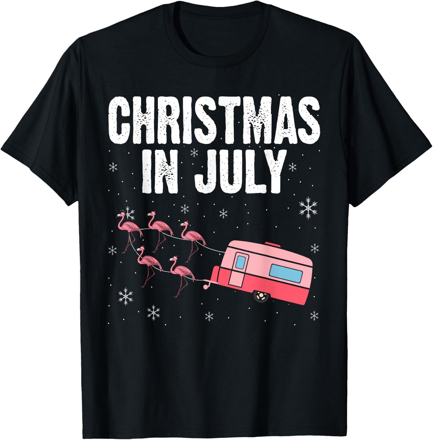 Christmas In July Flamingo Trailer Summer Xmas Camp Camper T-Shirt - T-Shirt | Black