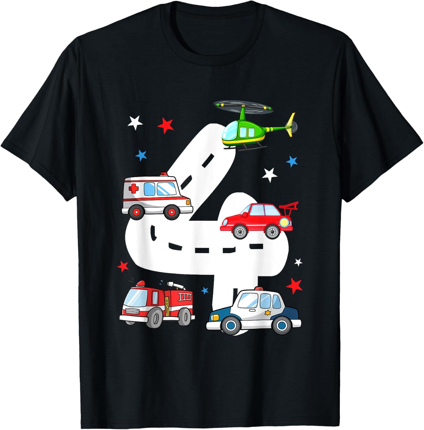 4th Birthday Emergency Vehicles 4 Year Old Birthday Kids T-Shirt - T-Shirt | Black