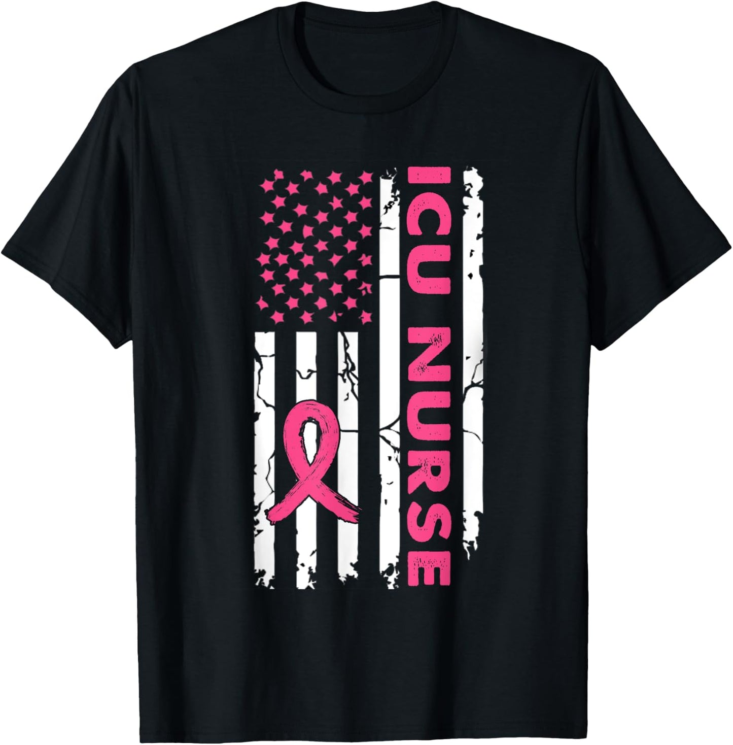 Icu Nurse American Flag Nurse Breast Cancer Awareness T-Shirt - T-Shirt | Black