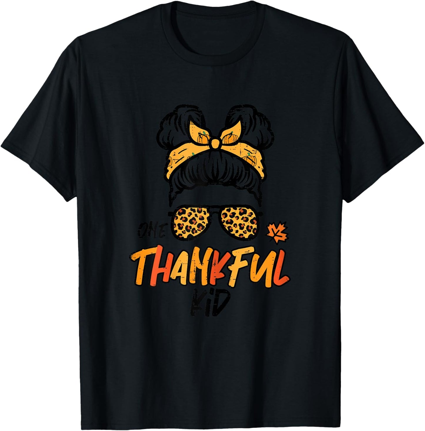 Thanksgiving Messy Bun One Thankful Kid Fall Girls Youth T-Shirt - T-Shirt | Black
