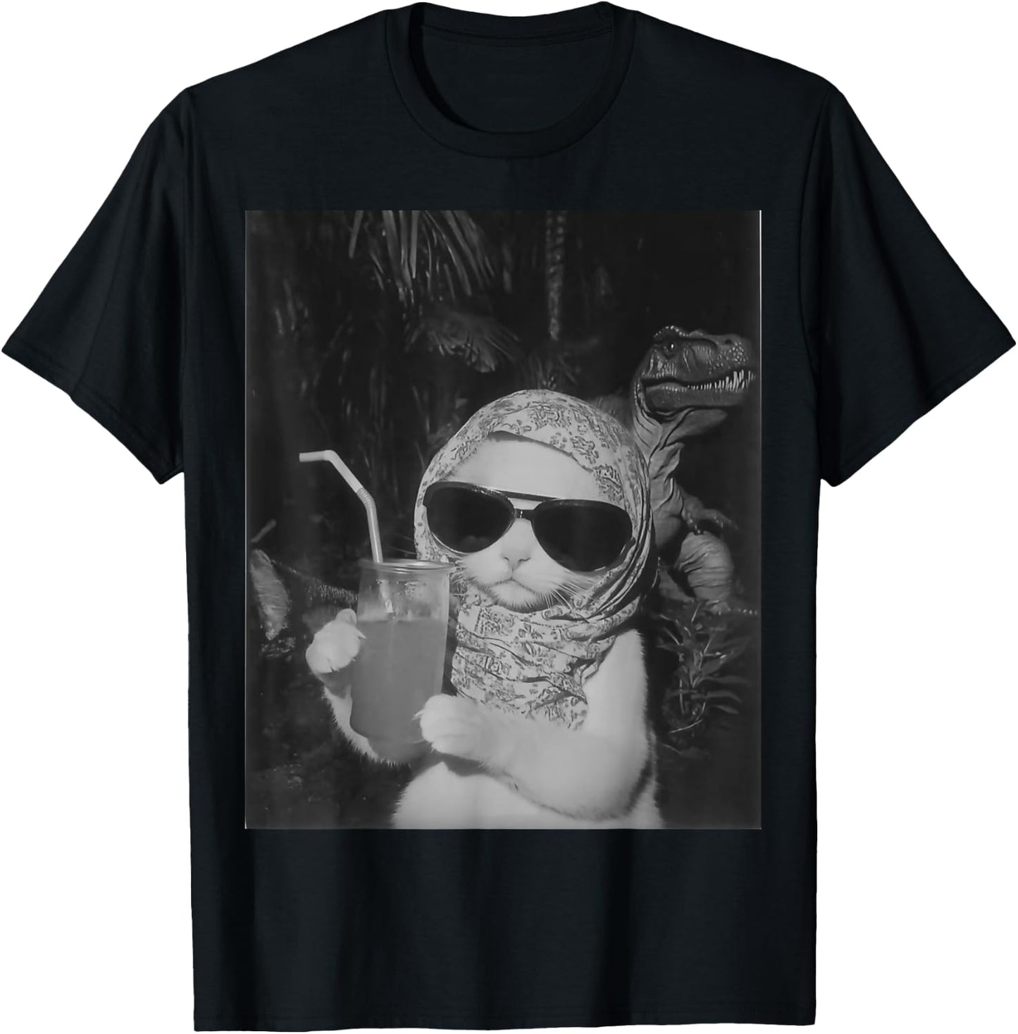 Chill And Cool Cat Drinking Fruit Selfie With Dinosaur T-Rex Women Kids T-Shirt - T-Shirt | Black