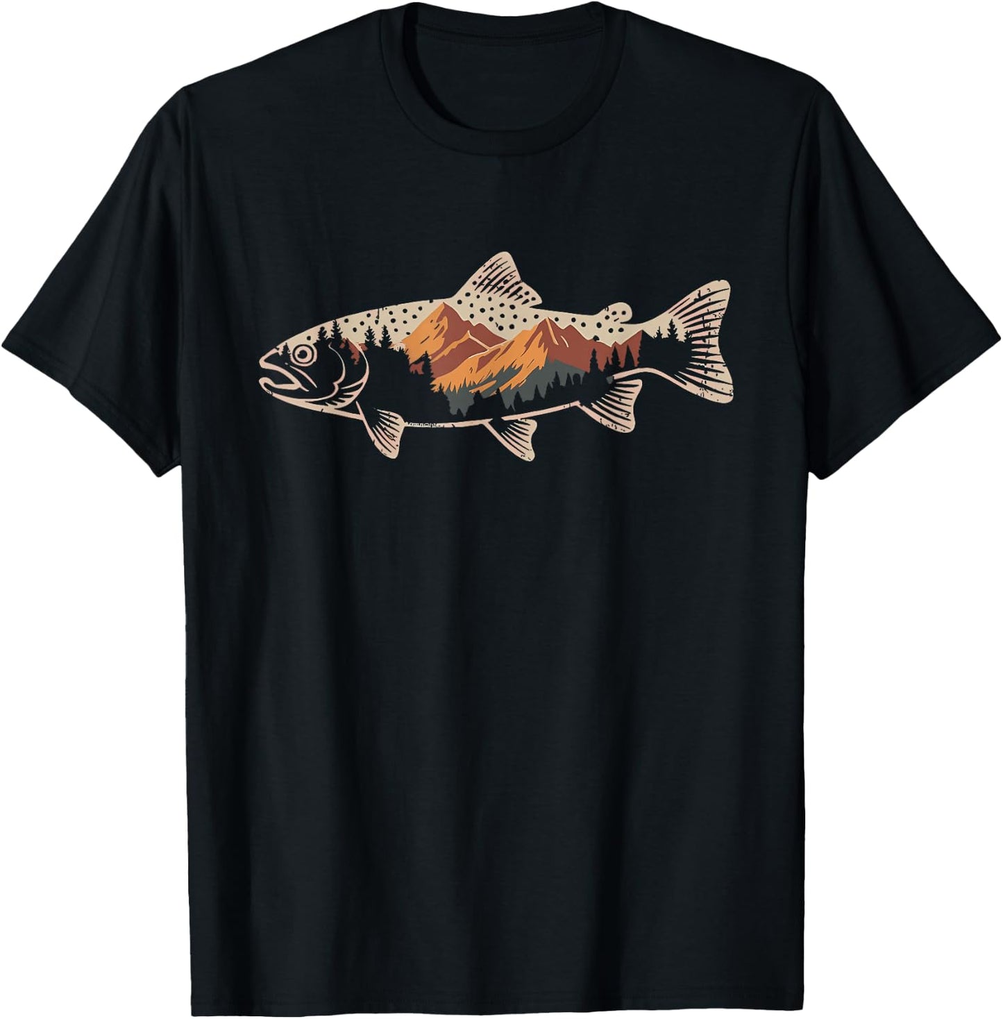 Fishing Bass Fish Mountain Star Fisherman Art Men Women Kids T-Shirt - T-Shirt | Black