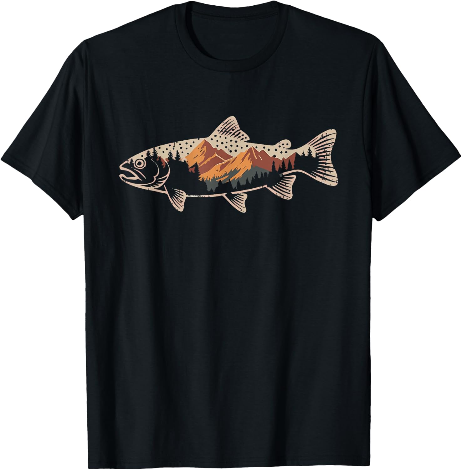 Fishing Bass Fish Mountain Star Fisherman Art Men Women Kids T-Shirt - T-Shirt | Black