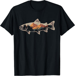 Fishing Bass Fish Mountain Star Fisherman Art Men Women Kids T-Shirt - T-Shirt | Black