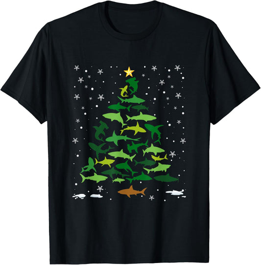 Shark Ocean Lovers Holiday Family Matching Christmas Tree T-Shirt - T-Shirt | Black