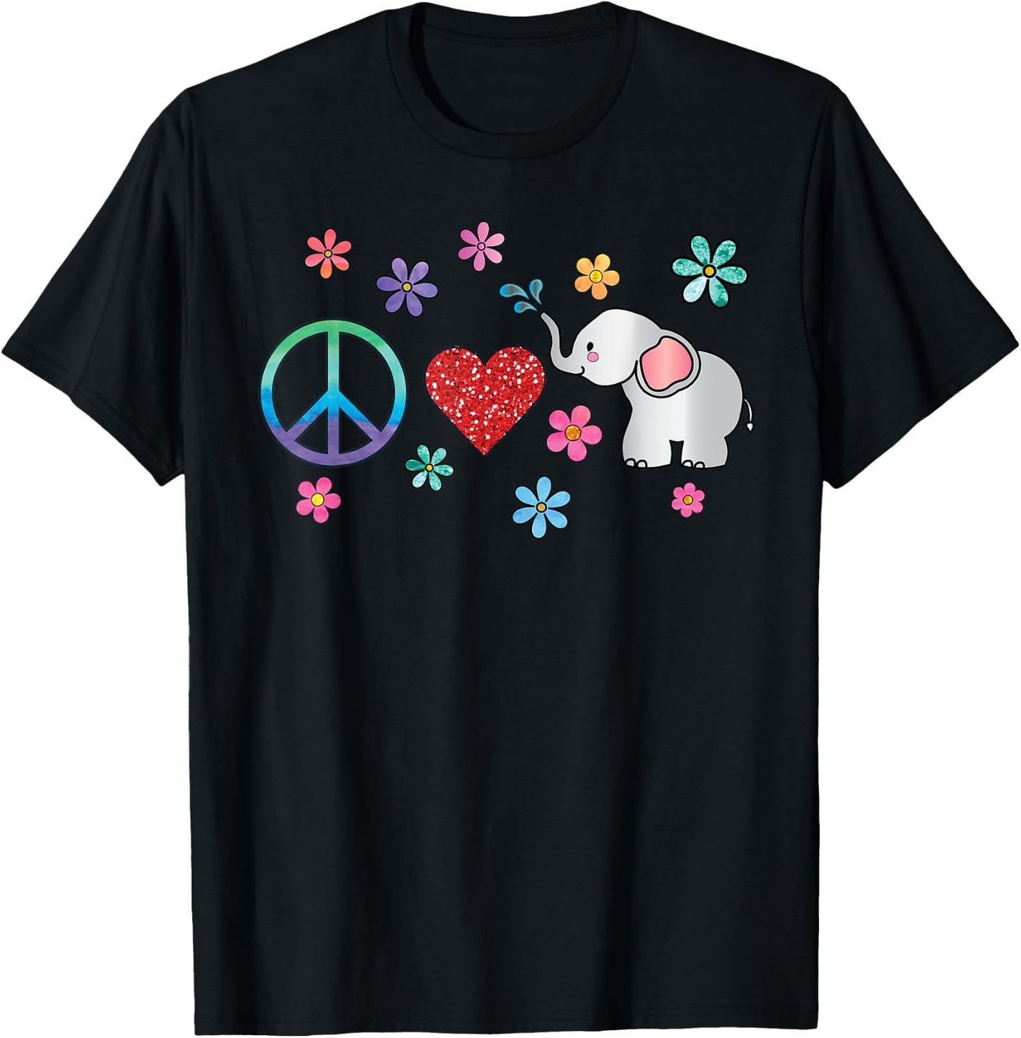 Elephant Peace Love Hippie Rainbow Boho Elephants T-Shirt - T-Shirt | Black