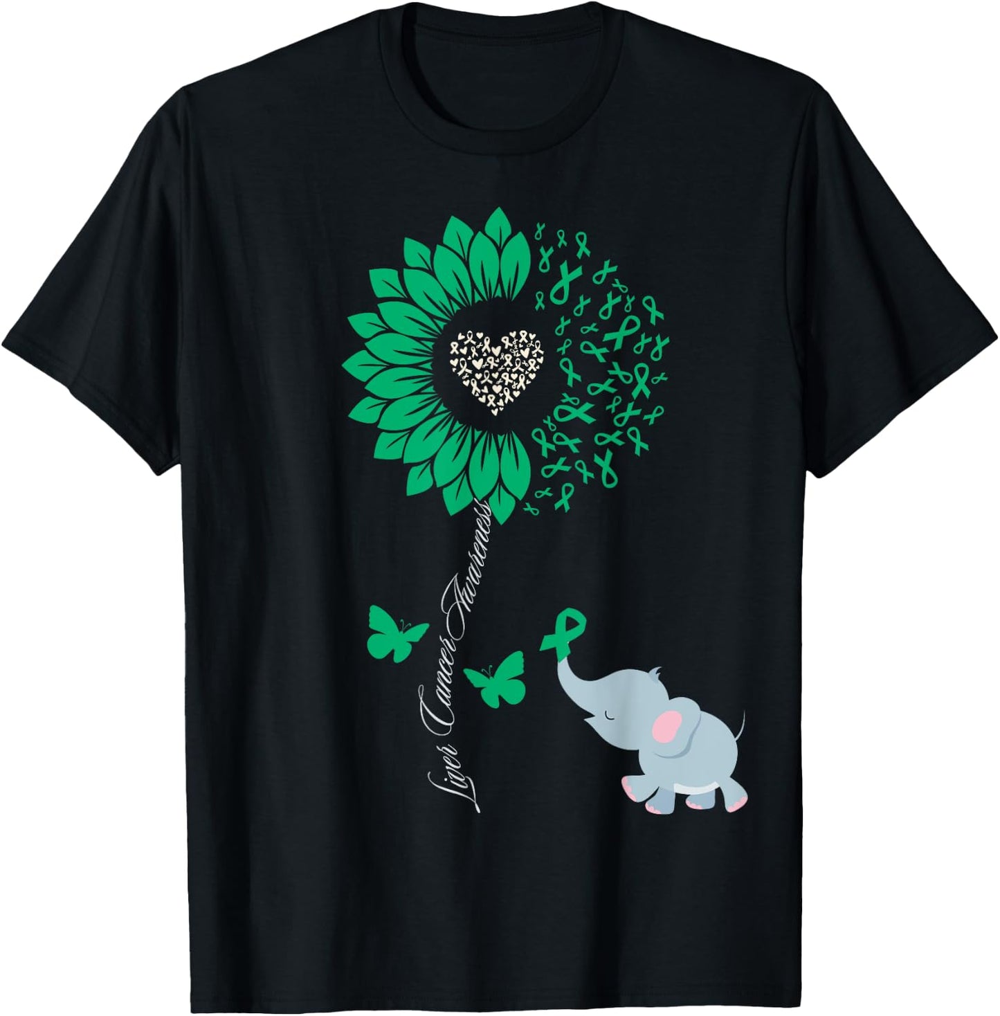 Liver Cancer Awareness Sunflower Elephant Butterfly Green T-Shirt - T-Shirt | Black