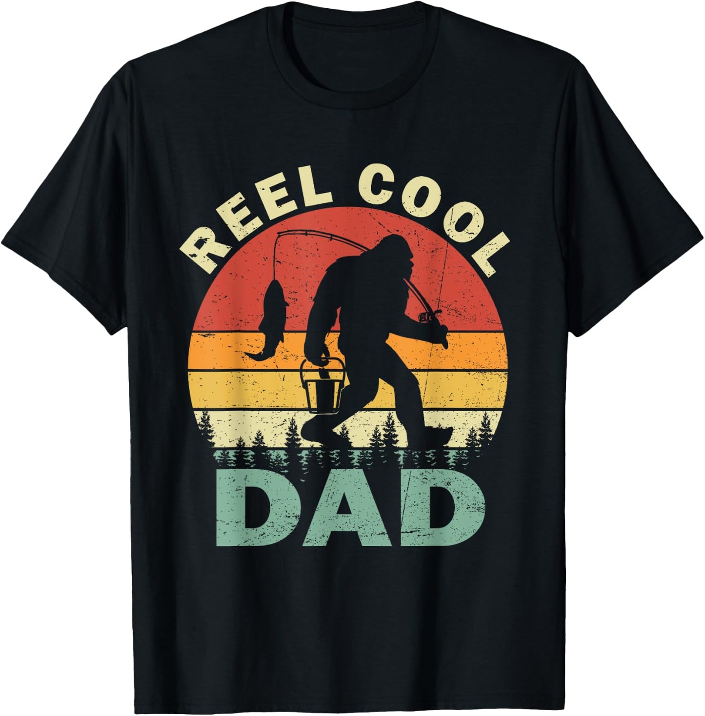 Reel Cool Dad Fishing Fisherman Bigfoot Sasquatch Retro T-Shirt - T-Shirt | Black