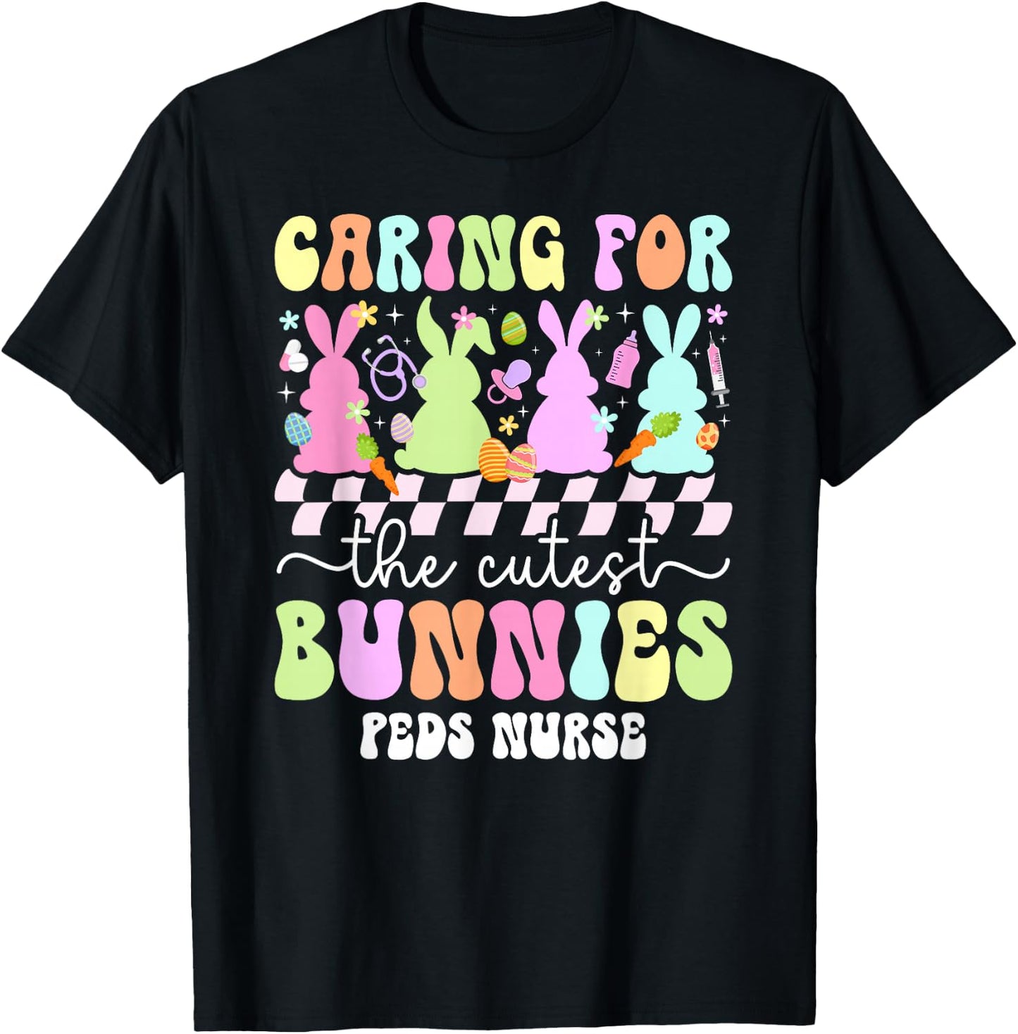 Groovy Peds Nurse Easter Bunny Pediatric Nurse Easter Day T-Shirt - T-Shirt | Black