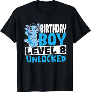 Kids Axolotl Birthday Boy Gaming Level 8 Axolotl 8th Birthday T-Shirt - T-Shirt | Black