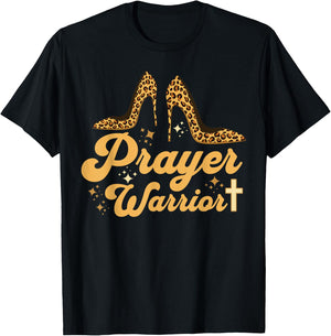 Christian Sayings Praying Quote Leopard Heels Prayer Warrior T-Shirt - T-Shirt | Black