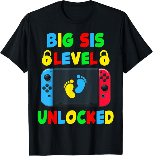 Funny New Big Sister Level Unlocked Leveled Up To Big Sis T-Shirt - T-Shirt | Black
