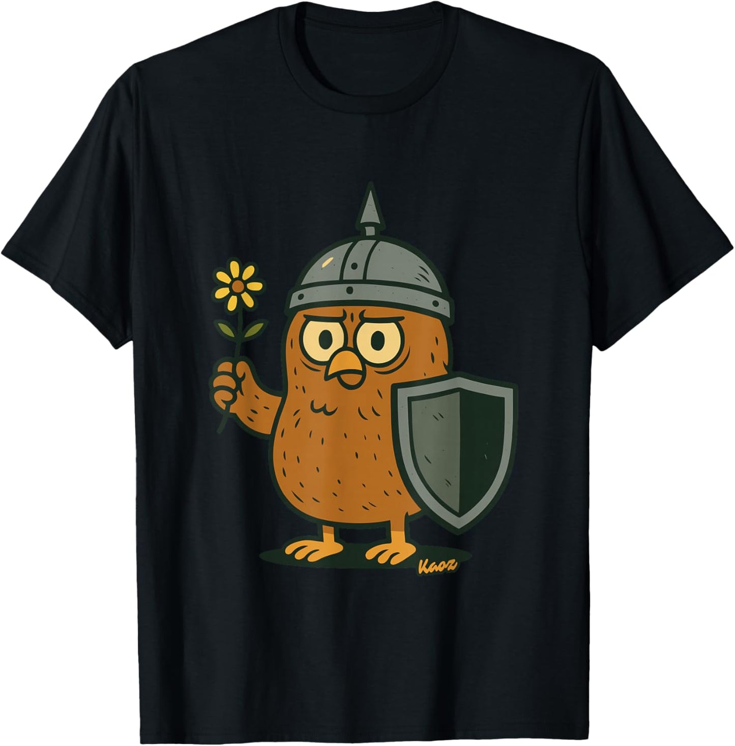 Niedlicher Vogel Ritter mit Blume Comic Kunst T-Shirt - T-Shirt | Black