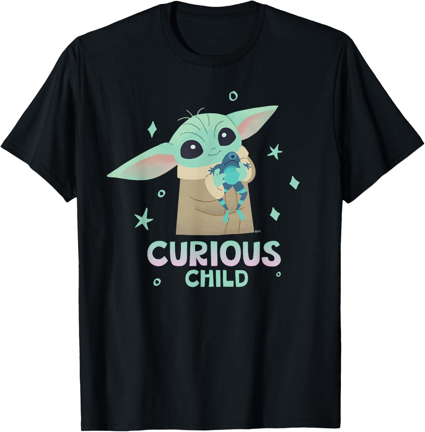 Star Wars The Mandalorian Grogu with Frog Curious Child , black T-Shirt - T-Shirt | Black